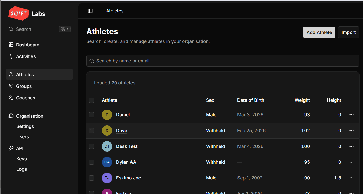 Swift Labs athlete management — search and manage your full athlete database