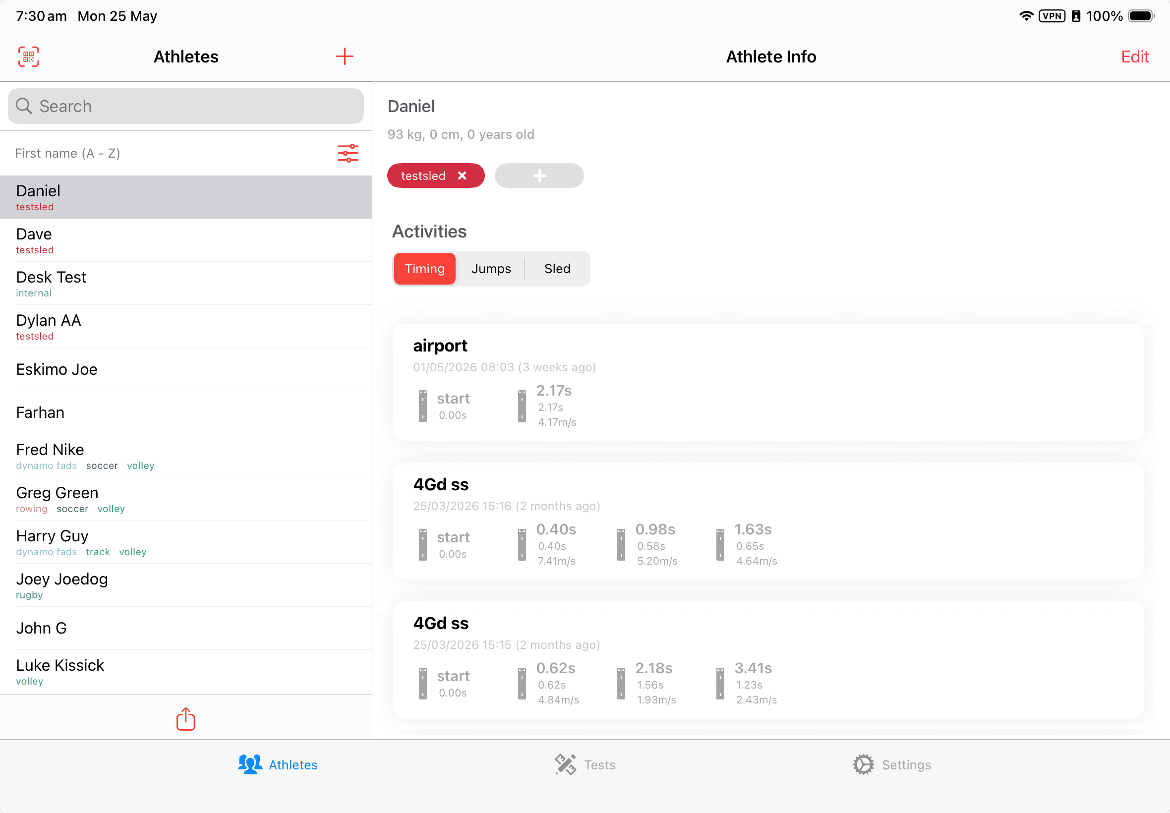 Syncro app — athlete data page showing performance results